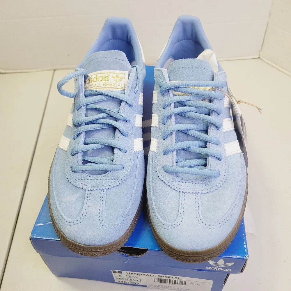 adidas Unisex Handball Spezial Sneaker Size 6 Light Blue White Suede Como
